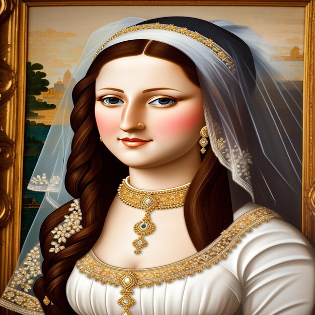 Foto um retrato inspirado em monalisa de uma noiva em um vestido de noiva branco tradicional