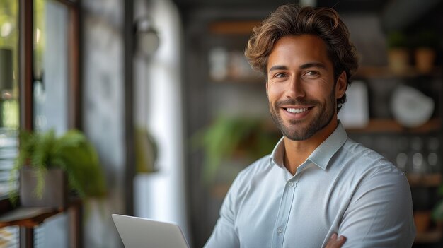 Um retrato isolado de um jovem empresário moderno segurando um laptop e sorrindo para a câmera isolado em fundo cinza