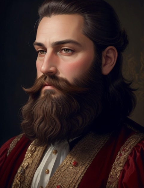 Um retrato real de um homem bonito com uma barba espessa e luxuosa, renderizado em uma pintura a óleo clássica