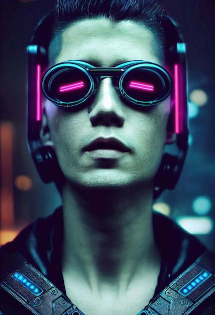 Um retrato realista de um homem em luz neon usando um fone de ouvido cyberpunk e equipamento cyberpunk.