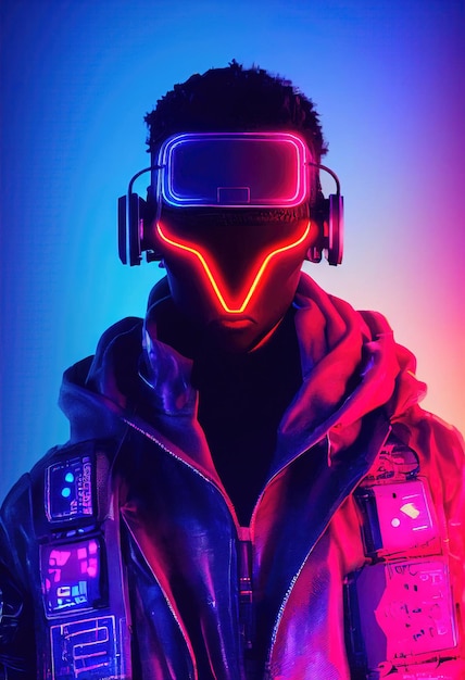 Um retrato realista de um homem em luz neon usando um fone de ouvido cyberpunk e equipamento cyberpunk