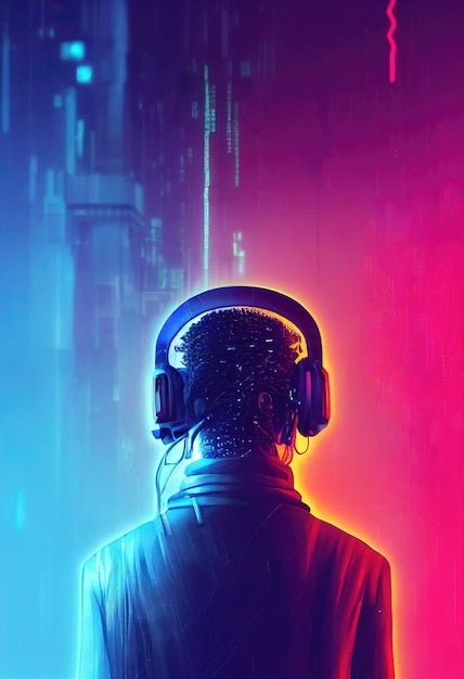 Um retrato realista de um homem em luz neon usando um fone de ouvido cyberpunk e equipamento cyberpunk