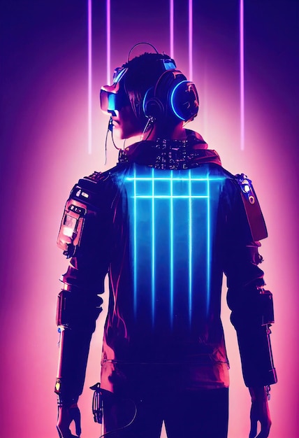 Um retrato realista de um homem em luz neon usando um fone de ouvido cyberpunk e equipamento cyberpunk