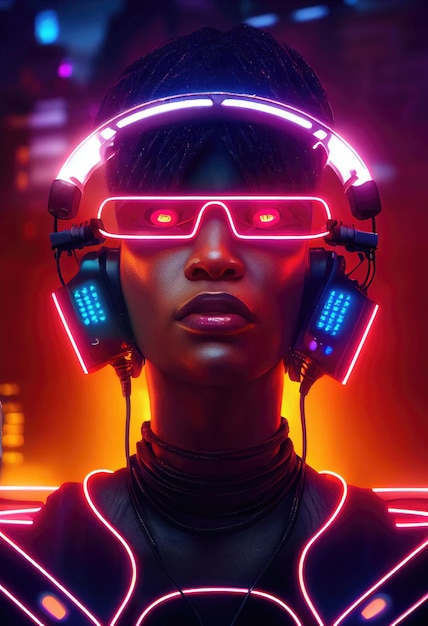 Um retrato realista de uma garota de ébano usando um fone de ouvido cyberpunk e equipamento cyberpunk.