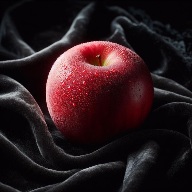 Um retrato realista de uma maçã contra um fundo preto