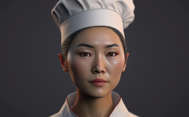 um retrato realista de uma mulher asiática com um chapéu de chef branco chef feminino ai gerado