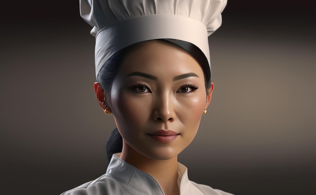 um retrato realista de uma mulher asiática com um chapéu de chef branco chef feminino ai gerado