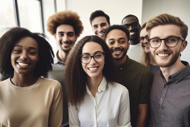 Foto um retrato recortado de um grupo diversificado de pessoas reunidas no escritório