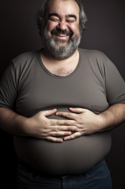 Um retrato recortado de um homem feliz com as mãos na barriga criado com generative ai