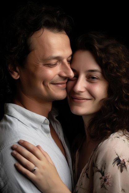 Um retrato recortado de um mesmo casal amoroso criado com IA generativa