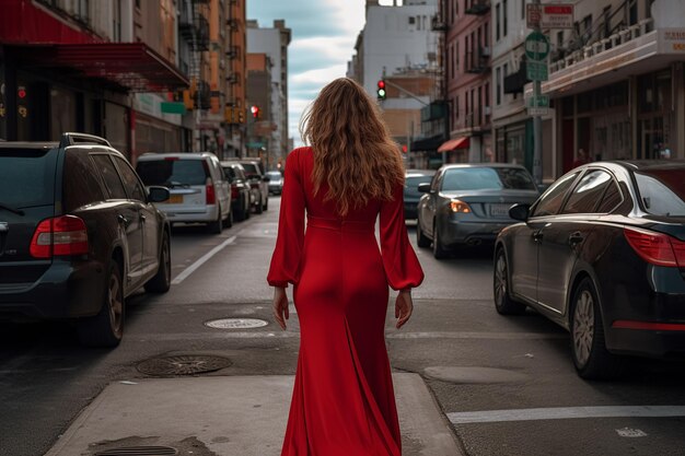 Um retrato retrovisor captura o fascínio de uma mulher adornada com um vestido vermelho vibrante