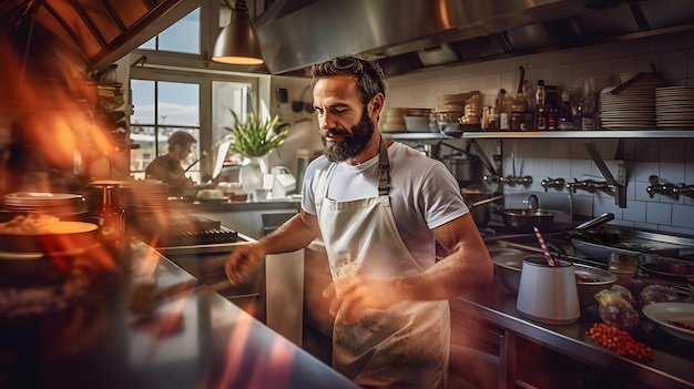 Um retrato sincero de um chef cozinhando em uma cozinha com um pano de fundo desfocado dos restaurantes comendo