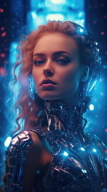 Um retrato sobrenatural de uma mulher robô com aparência digitalizada holográfica