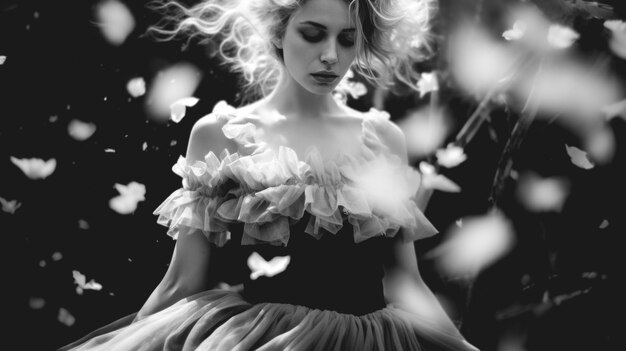 Foto um retrato sonhador de fantasia em preto e branco de uma mulher com flores e pétalas caindo generative ai