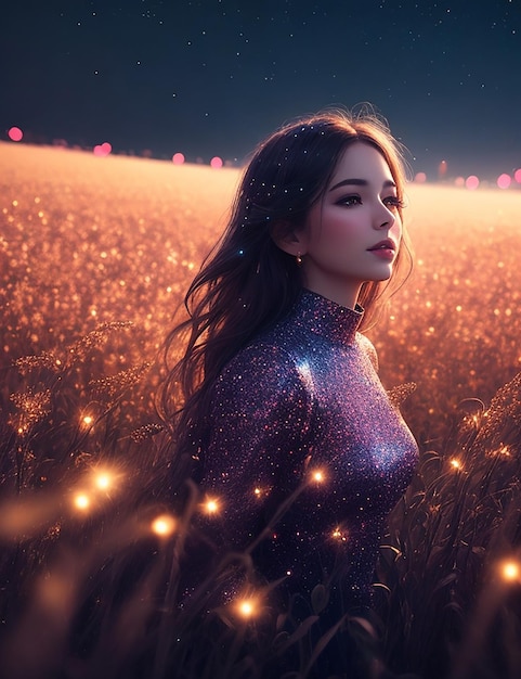 Um retrato sonhador de uma figura em um campo de luzes cintilantes vibrantes