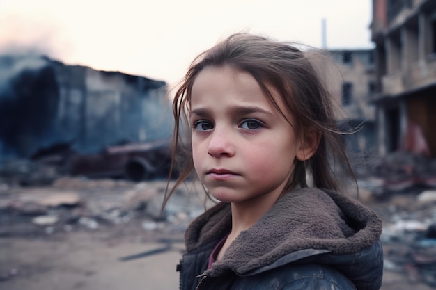 Um retrato trágico de uma menina órfã de guerra em meio à destruição e ruínas do conflito Ucrânia Rússia