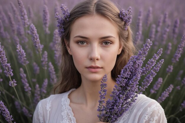 Um retrato tranquilizador de uma jovem beleza eslava em campos de lavanda