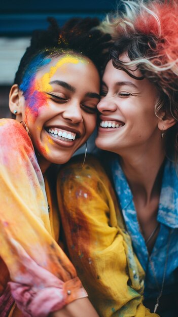 Um retrato vibrante de dois amigos se abraçando