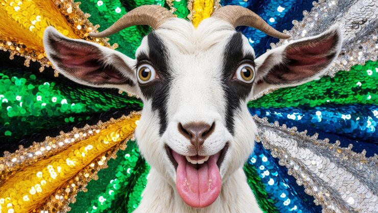 Foto um retrato vibrante de uma cabra com fundo espumante em cores de mardi gras