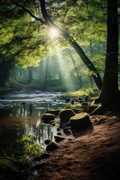 um riacho a correr através de uma floresta verde exuberante