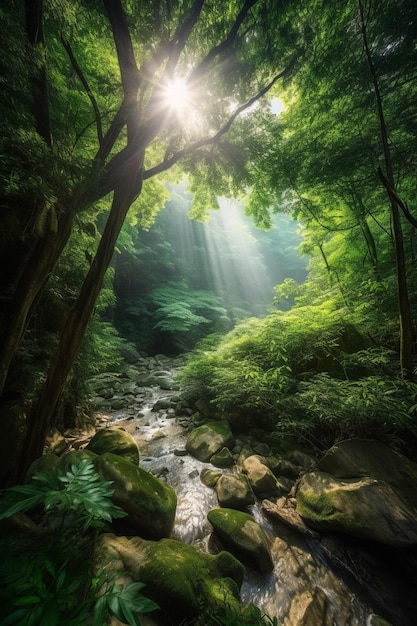 Um riacho atravessa uma floresta com o sol brilhando por entre as árvores.