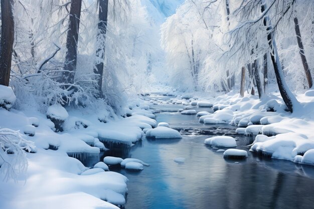 Foto um riacho atravessando uma floresta coberta de neve