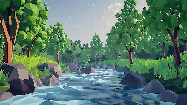 Um riacho baixo fluindo através de uma floresta exuberante
