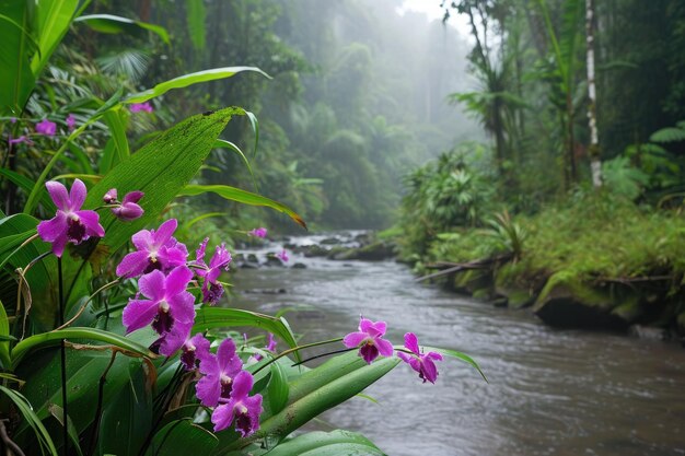 Um riacho claro atravessa uma densa floresta verde mostrando a beleza da natureza um rio delimitado por orquídeas em uma rica floresta tropical AI Gerado