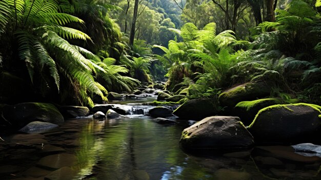 Foto um riacho com um riacho correndo através dele e uma floresta com árvores no fundo