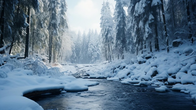 um riacho correndo por uma floresta cheia de neve