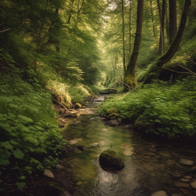 Um riacho em uma floresta com árvores verdes e uma floresta verde.