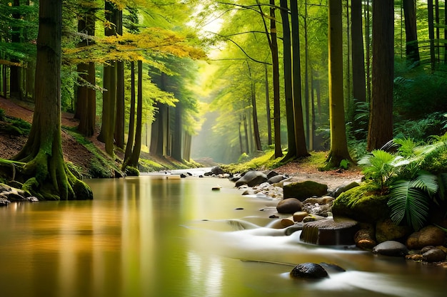 Um riacho em uma floresta com fundo verde e o sol brilhando nas árvores.