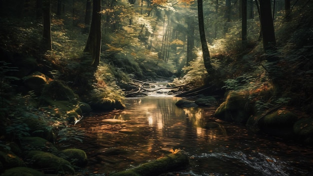 Um riacho em uma floresta com o sol brilhando sobre ele