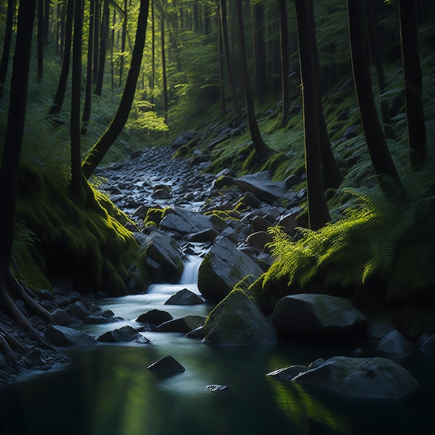 Um riacho em uma floresta com pedras e árvores que têm a palavra