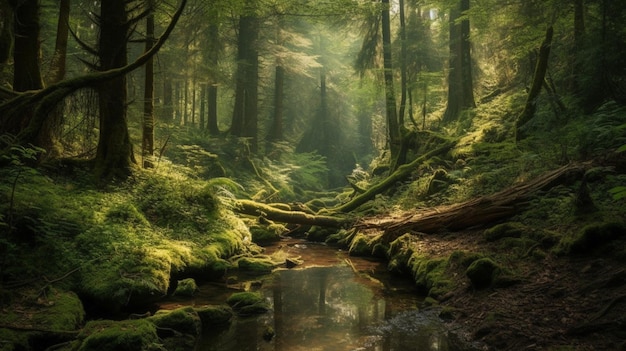 Um riacho em uma floresta com uma árvore em primeiro plano