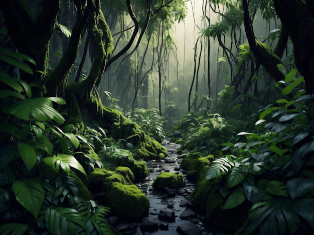 Um riacho em uma selva com musgo coberto de pedras e musgo.