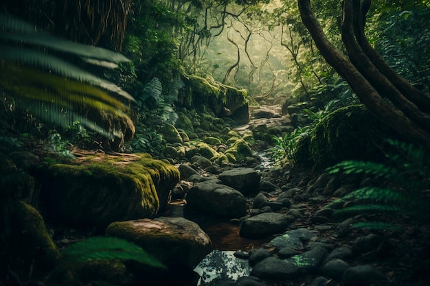 Um riacho em uma selva com musgo e pedras