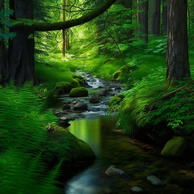 Um riacho na floresta com árvores verdes e uma floresta ao fundo