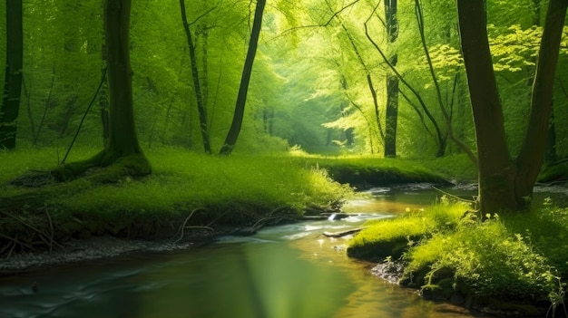 Um riacho na floresta com o sol brilhando sobre ele
