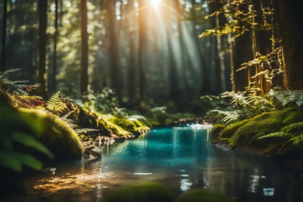 um riacho numa floresta com uma cachoeira e o sol a brilhar através das árvores