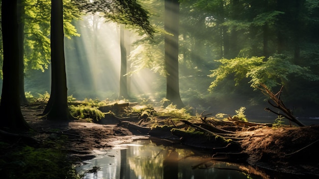 um riacho que atravessa uma floresta cheia de árvores