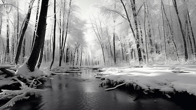Um riacho que atravessa uma floresta coberta de neve