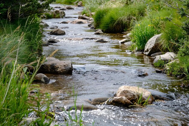 Um riacho que flui através de uma floresta verde e exuberante