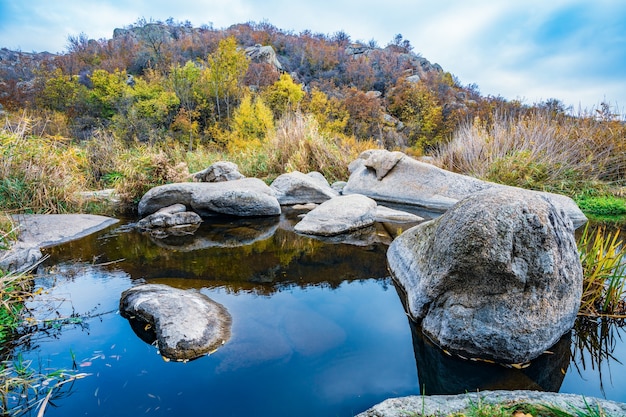 Um riacho rápido, raso e limpo corre entre grandes pedras lisas e úmidas cercadas por pedaços altos e secos