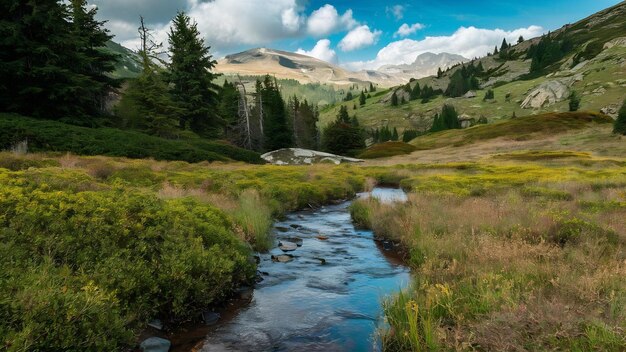 Um riacho raso no meio de árvores alpinas em colinas e montanhas