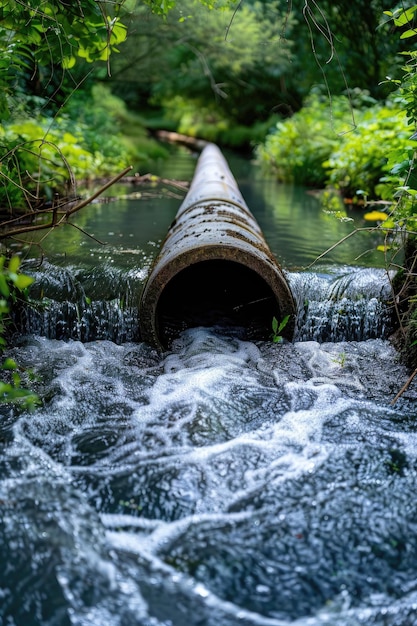 Um riacho sereno recebendo efluente de um cano de drenagem contrastando com a beleza natural