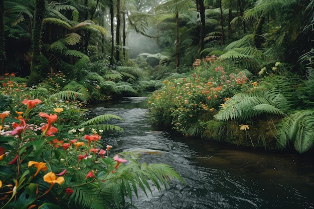 Um riacho sinuoso corta através de uma floresta verde exuberante vibrante criando uma paisagem natural hipnotizante um rio em uma floresta tropical cercado por samambaias e flores silvestres AI Gerado