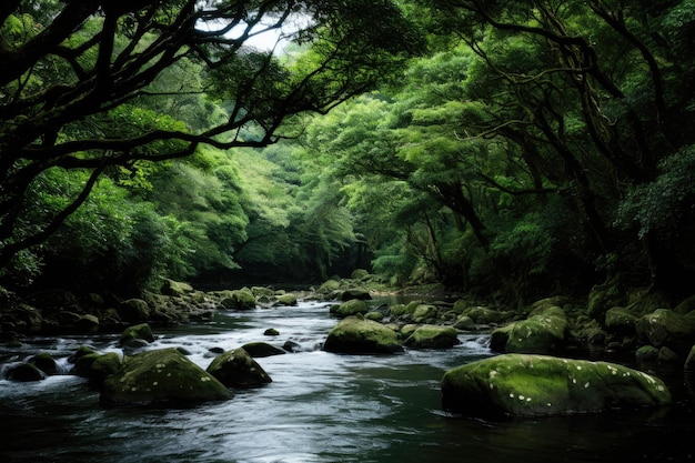 Foto um riacho tranquilo no meio de uma floresta coberta de musgo córrego na floresta coberta de musgo do norte em um musgo