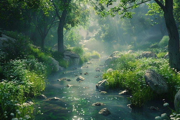 Um riacho tranquilo serpenteando através de uma floresta verde