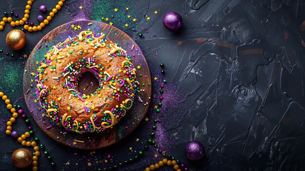 Um rico e veludo bolo de queijo de mardi gras é o deleite ideal para desfrutar no mardi gras com um pano de fundo temperamental.